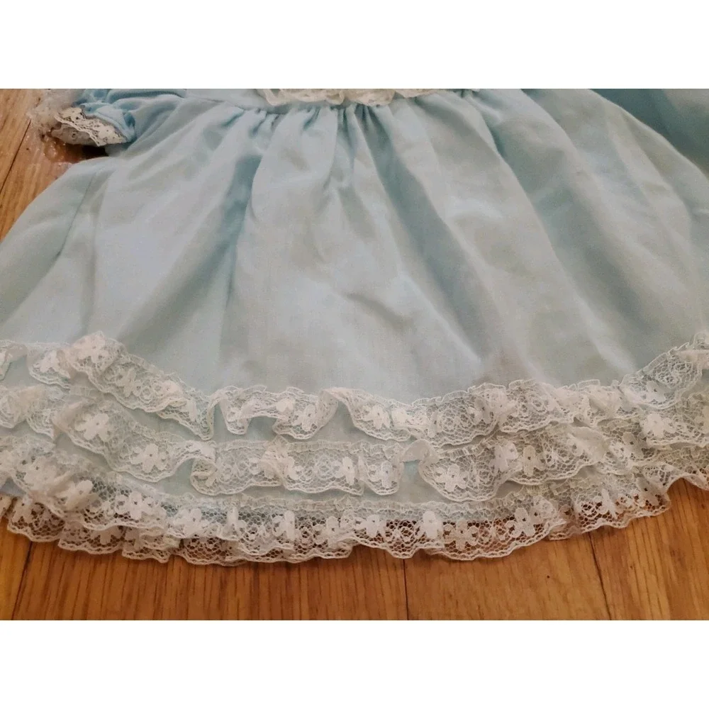 Vintage Baby Girl Dress 1-12 Months Blue Lace Trim